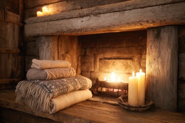 Fototapeta premium Warm cozy cabin scene with fireplace, candles, and soft woolen blankets on a rustic wooden mantel