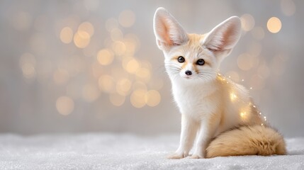 Obraz premium Adorable fennec fox with fairy lights on soft blanket and glittering background