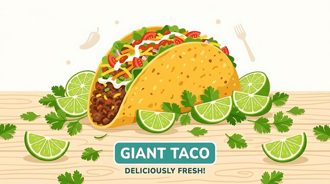 Giant taco surrounded by lime wedges and cilantro leaves, minimal text, modern flat vector illustration