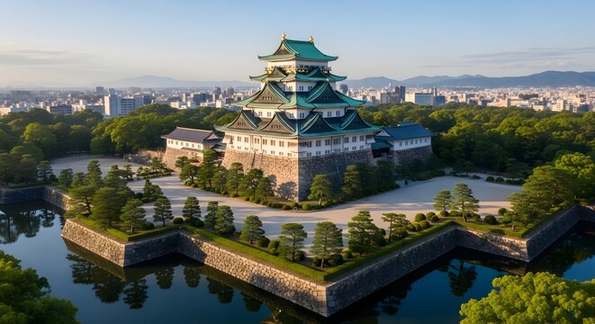Osaka Castle main tower surrounded by stone walls and a moat in Japan