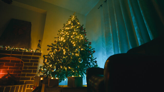 Christmas tree and sofa in a large living room at night