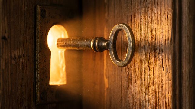 Vintage key in keyhole with glowing light streaming through wood door