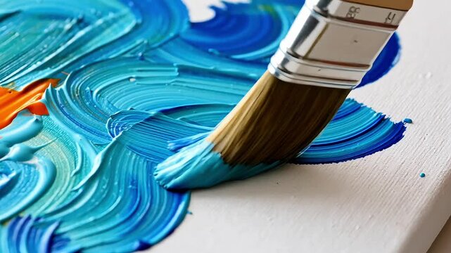 Paintbrush applying thick blue oil paint strokes on white canvas