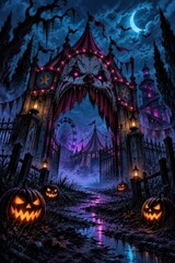 Fototapeta premium Haunted carnival gate beneath crescent moon, glowing pumpkins