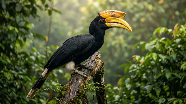 Black white rhinoceros hornbill yellow orange beak large casque black patches red eye perched on mossy rotten branch green orchid, misty tropical forest morning light