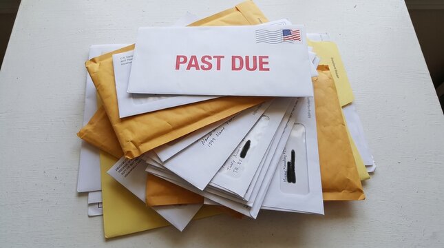 Stack of past due bills and financial letters on white table