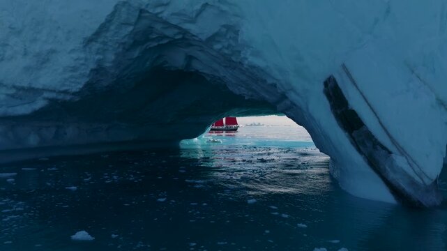 Aerial view of a red boat sailing through a natural arch in a massive blue iceberg floating in the cold waters of Greenland.