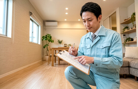 リビングで見積書を確認する作業員の男性