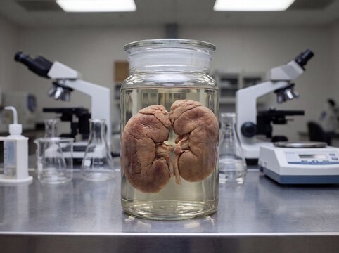 Human Kidneys Preserved in Glass Jar Inside a Scientific Laboratory