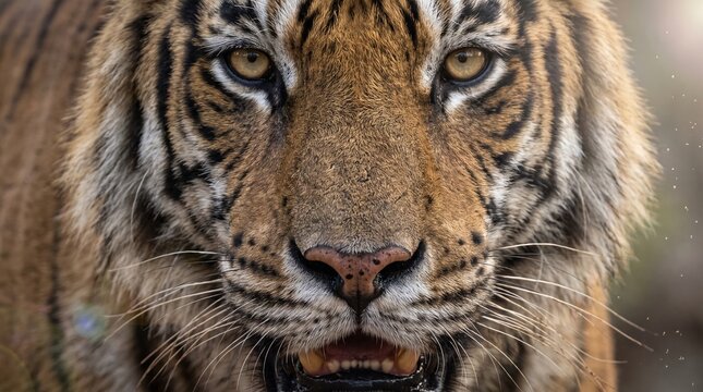 Tiger face photo close up looking forward with intense eyes and whiskers