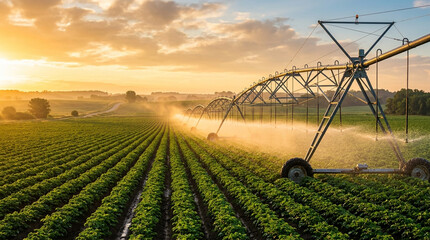 Fototapeta premium Center pivot irrigation system watering green crop rows in an agricultural field at sunset. Industrial farm machinery spraying water mist over plants during golden hour sunlight.