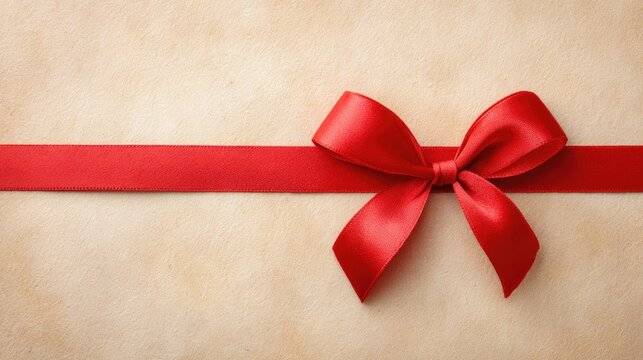 Elegant red ribbon bow on textured yellow background for gift wrapping and celebrations