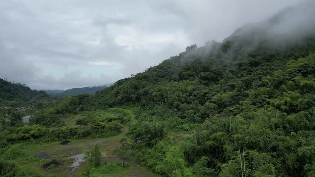 Misty Mountainside Landscape: A lush, green mountainside shrouded in ethereal mist under a cloudy sky, showcasing the raw beauty of untouched nature.