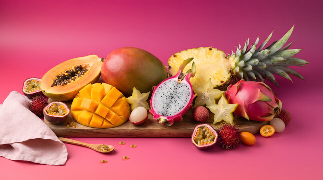 Fresh tropical fruit assortment on pink background