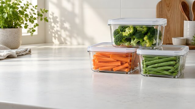 Glass containers filled with broccoli carrots and green beans