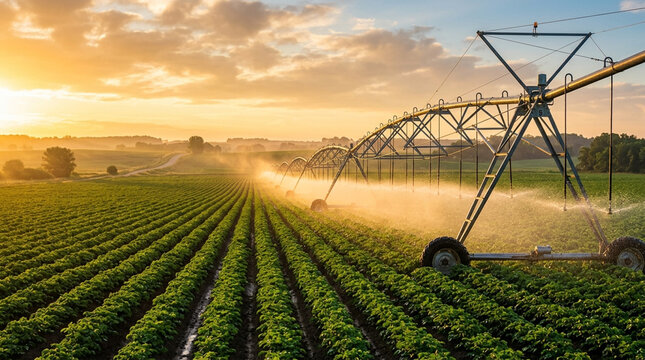 Center pivot irrigation system watering green crop rows in an agricultural field at sunset. Industrial farm machinery spraying water mist over plants during golden hour sunlight.