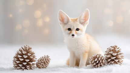 Fototapeta premium Adorable fennec fox cub in winter wonderland with pinecones and glittering ornaments