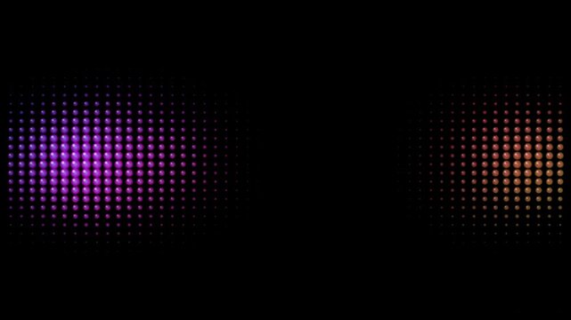 Retro halftone dot pattern animation, glowing purple and orange led light grid on black background, futuristic digital pixel transition effect