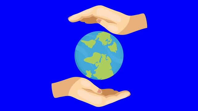 two protective human hands, save earth planet care concept animation, on blue screen isolated 4k.