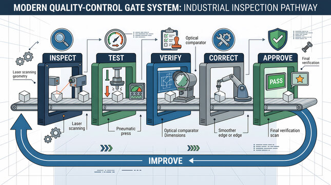 Quality Control Inspection System Showing Sequential Testing, Verification, Correction, Approval, and Continuous Improvement Gates