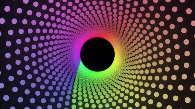Psychedelic rainbow spiral tunnel of dots, vibrant hypnotic halftone pattern background, colorful geometric circle motion graphics