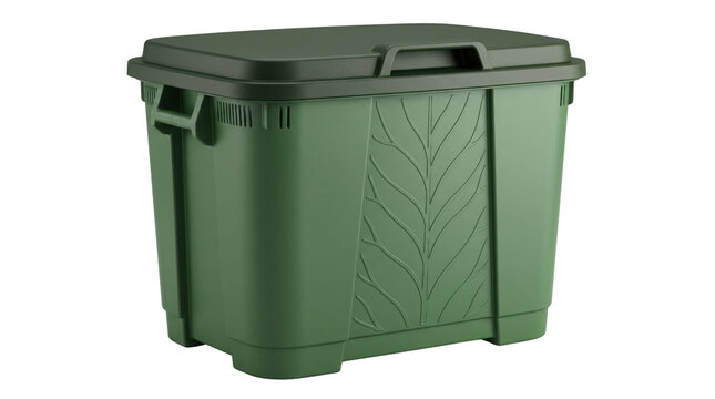 Green plastic storage box with lid, durable garden deck box for outdoor organization, heavy duty storage container with leaf pattern detail
