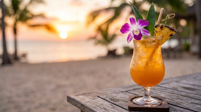 Tropical cocktail with pineapple and orchid garnish on a beach at sunset, celebrating National Bartender Day