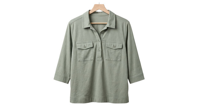Sage green linen shirt on wooden hanger, casual olive cotton blouse with chest pockets, minimalist women's apparel mockup on white background