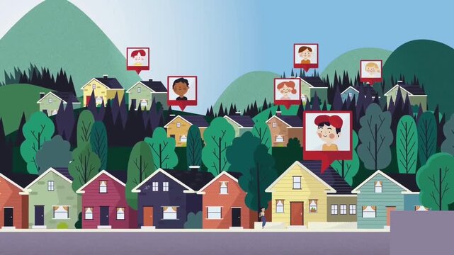 Colorful suburban neighborhood vector illustration showing charming houses and trees with floating profile pin pointers in motion clip