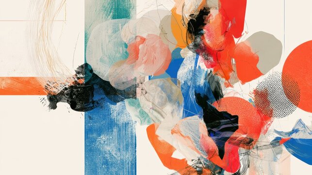 Abstract colorful paint collage with blue and coral strokes for creative poster design.