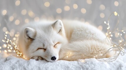 Fototapeta premium Serene arctic fox resting in snow with warm glowing bokeh lights in winter wonderland
