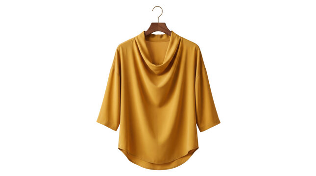Mustard yellow cowl neck blouse on wooden hanger, elegant draped silk top with three quarter sleeves, minimalist women's fashion apparel isolated on white