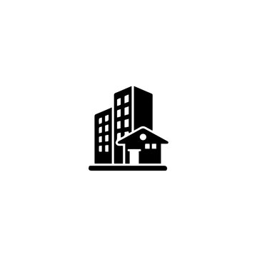 Black silhouette icon representing a multi-story apartment building and a house with real estate housing complex residential area property developm