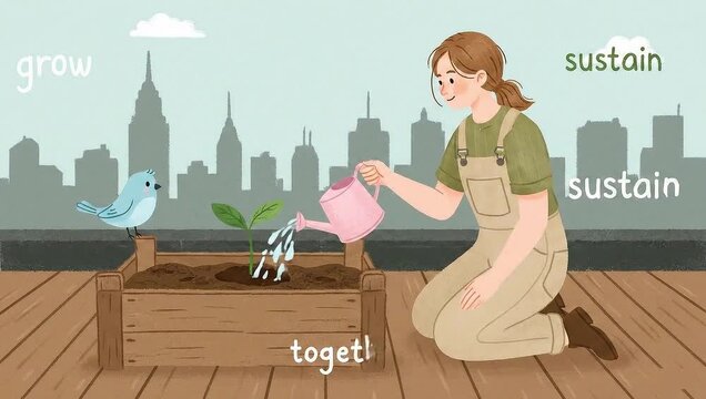 Cute animated woman watering young green sprout in wooden planter container on rooftop terrace with cityscape background motion video clip
