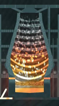 Blast furnace cutaway with descending ore and coke burden, rising hot gas countercurrent, glowing cohesive zone, seamless loop in vibrant slag tones vertical 9:16