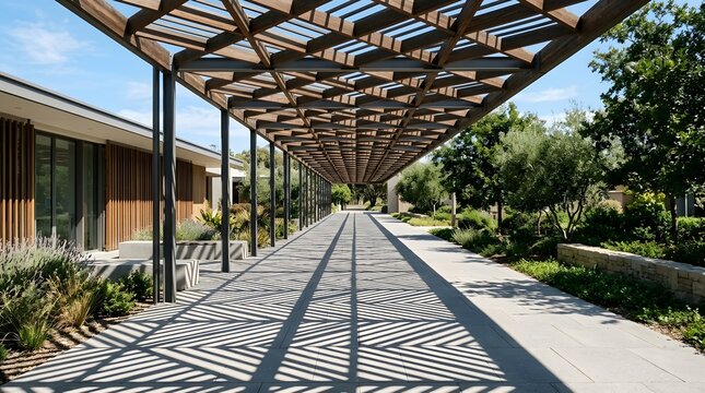 Modern architectural walkway with wooden beams casting geometric shadows in a sunny outdoor setting.