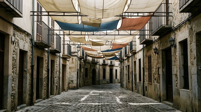 Empty narrow street with stone buildings and fabric canopies overhead.