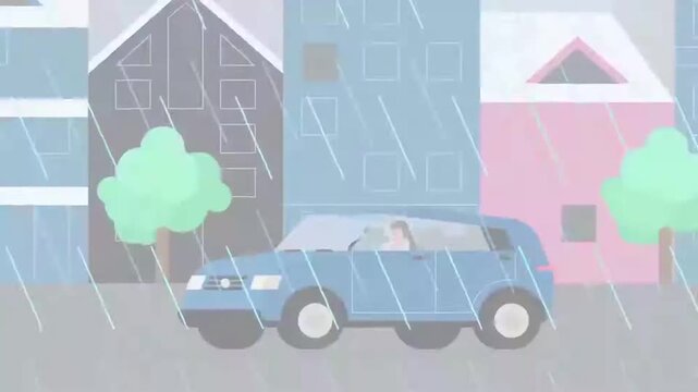 Animated car driving through heavy city rainstorm with lightning flashing behind colorful cartoon buildings in vector clip video