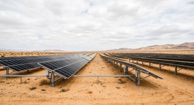 Large scale solar panel array field installed in a vast arid desert landscape under a cloudy sky, generating clean renewable energy and sustainable electric power for green infrastructure.