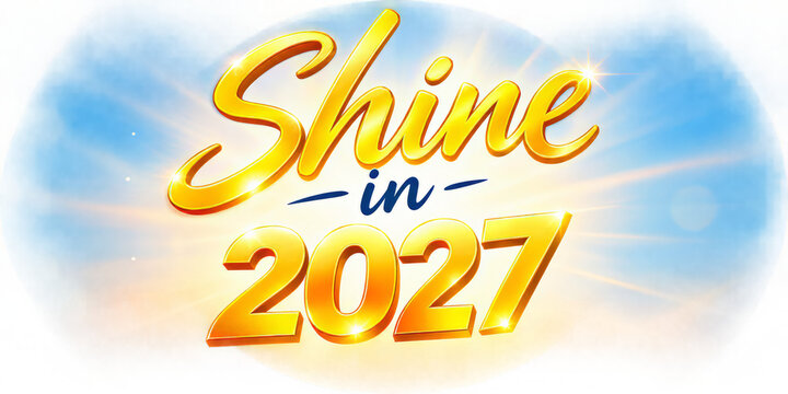 Shine in 2027. Golden text on a bright background. Blue sky with sun rays. New Year celebration banner. Festive design with glowing letters. Transparent background. Motivational quote for the new year