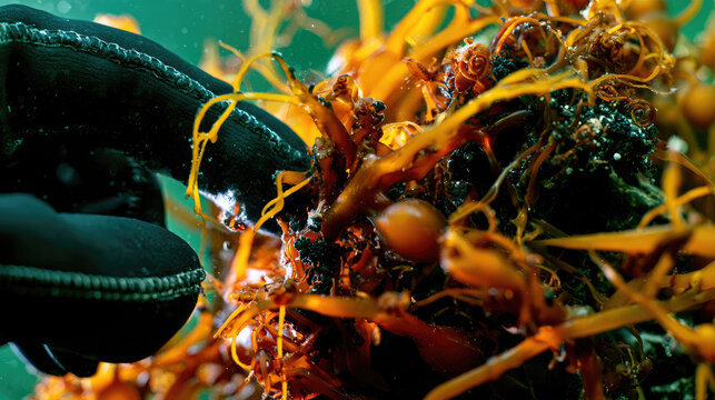 Kelp holdfast macro detail with gloved hand pointing toward tangled amber roots, wet black neoprene texture, rock, sand, and marine life