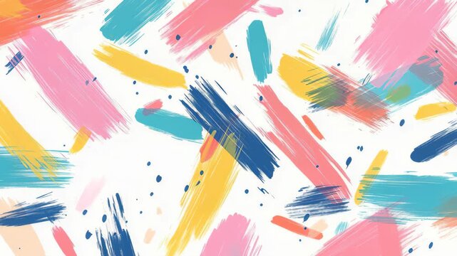 Vibrant Brushstrokes Abstract: A lively abstract composition featuring a splash of colorful paint strokes and splatters in shades of pink, yellow, blue, and teal on a white canvas.