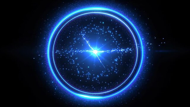 Abstract Blue Energy Ring: A luminous blue ring of light surrounds a starburst-like effect, with a trail of small glowing particles emanating from the center.
