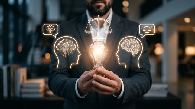 Businessman holding a glowing light bulb with digital brain and cloud icons symbolizing innovation intelligence and critical thinking idea mind technology concept knowledge