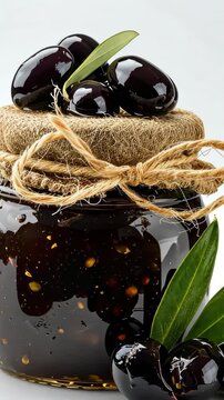 Black Olive Jam Jar: A rustic glass jar filled with rich black olive jam, adorned with a twine bow and fresh olive leaves. A few ripe olives sit atop the lid.