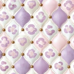 Obraz premium Seamless pattern of quilted ogee tiles in pastel lavender, pink and cream with golden studs. Leopard print and fur texture patches. Luxury upholstery design. Textile, wallpaper and fabric