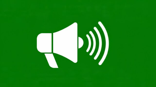 Megaphone loudspeaker icon broadcasting sound waves animation video clip on vibrant green chroma key background