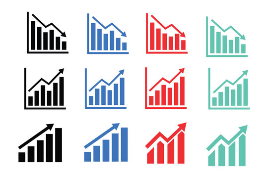 Set of nine colorful bar graphs showing growth and decline in data analysis