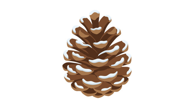 Detailed vector illustration of a single brown pinecone with white snow dusting on its scales, isolated on a white background, winter botanical conifer seed cone for seasonal holiday decor.