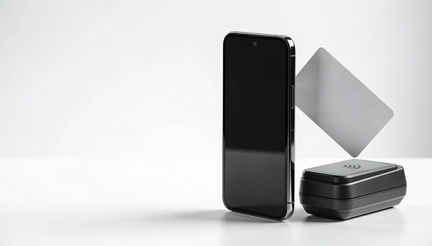 A smartphone and a blank payment card next to a card reader on white table